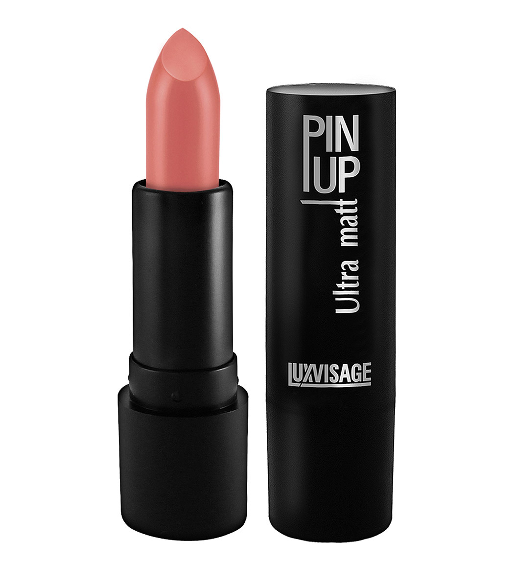 Матовая помада Luxvisage Pin Up Ultra Matt, оттенок 503 MILA — нежный нюдово-бежевый стик в чёрном футляре на белом фоне