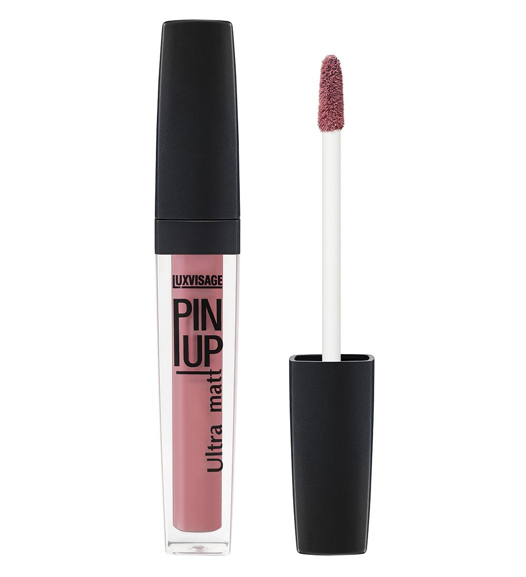Матовый блеск Luxvisage Pin Up Ultra Matt, оттенок 601 Chloe — нежный розово-нюдовый продукт на аппликаторе в чёрном футляре на белом фоне